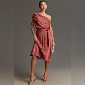 NWT Size XS - Maeve Asymmetrical Tie-Waist Satin Midi Dress (NWT US$178)